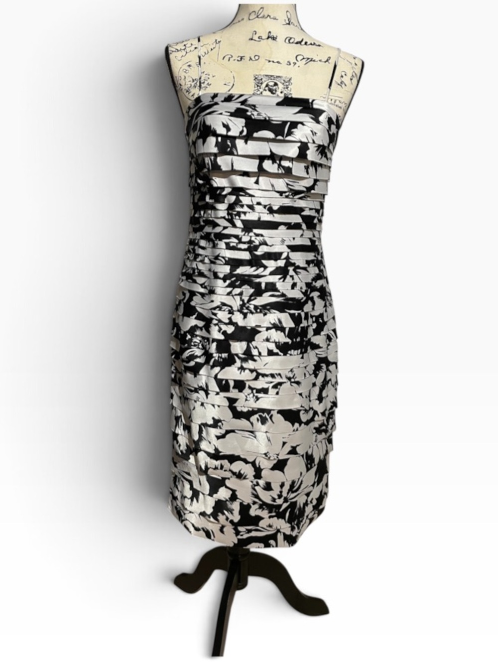 Strapless Black & White Floral Ruched Sheath Dress